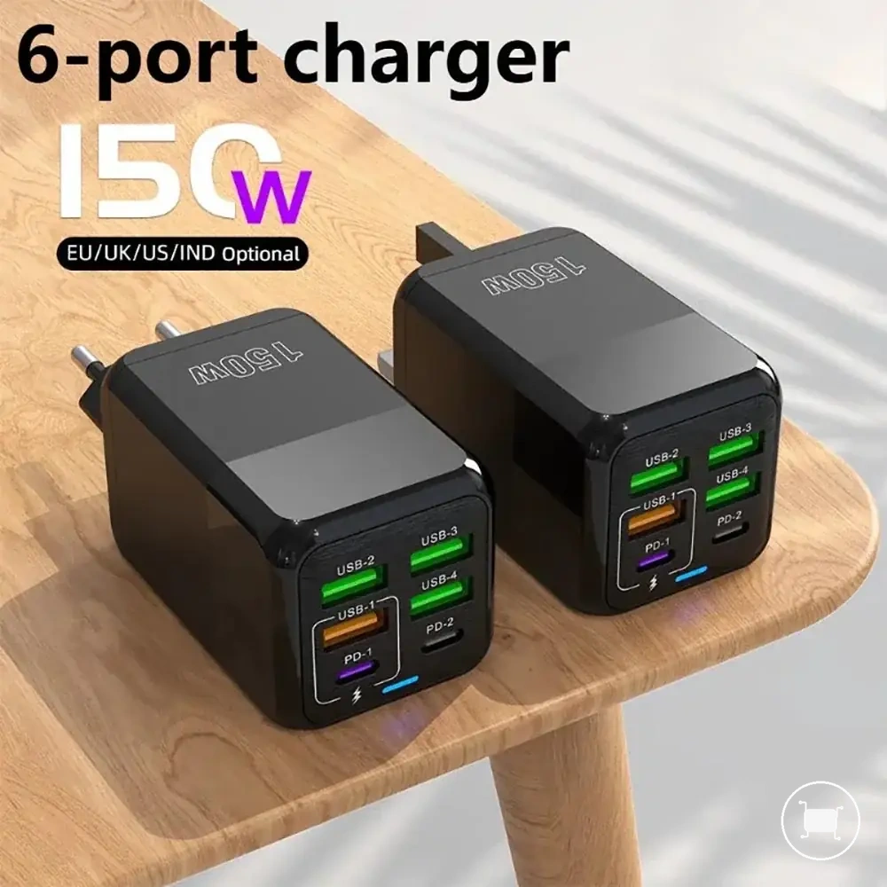 محول شاحن USB 150W بستة منافذ مع PD وQuick Charge 3.0.