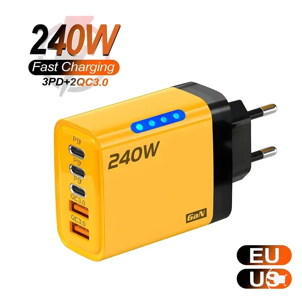 شاحن مكتبي GaN 240W بتصميم 5 في 1 مع 3PD ومنفذي USB.