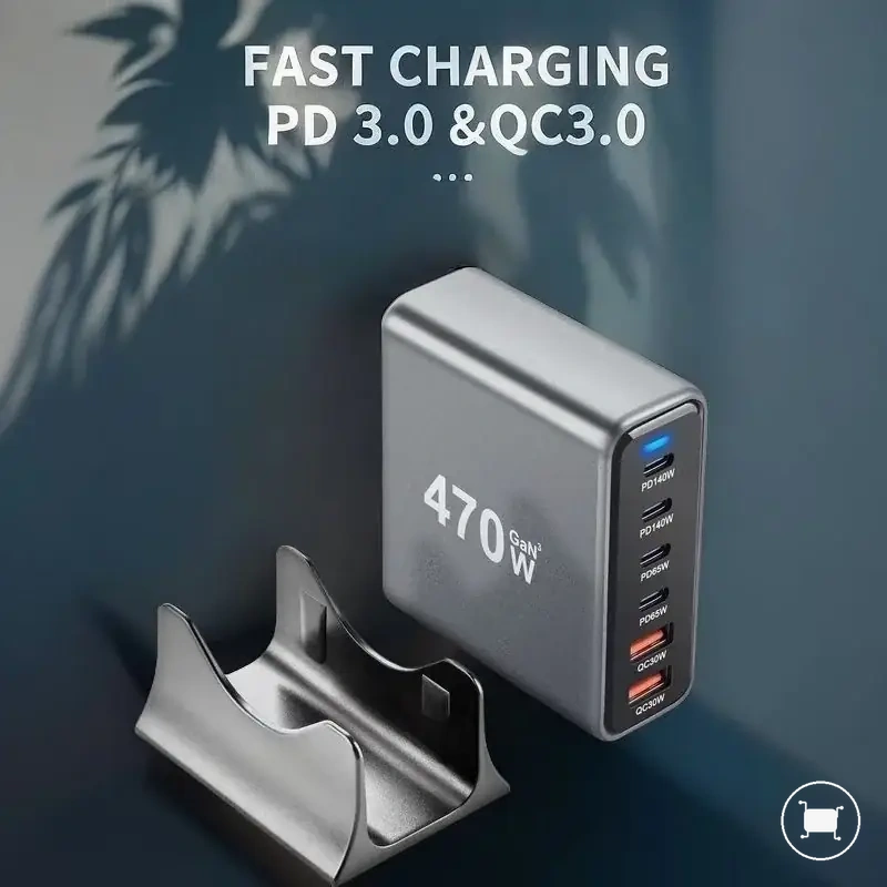شاحن مكتبي GaN 470W بستة منافذ مع توزيع متعدد المنافذ 4C2A.