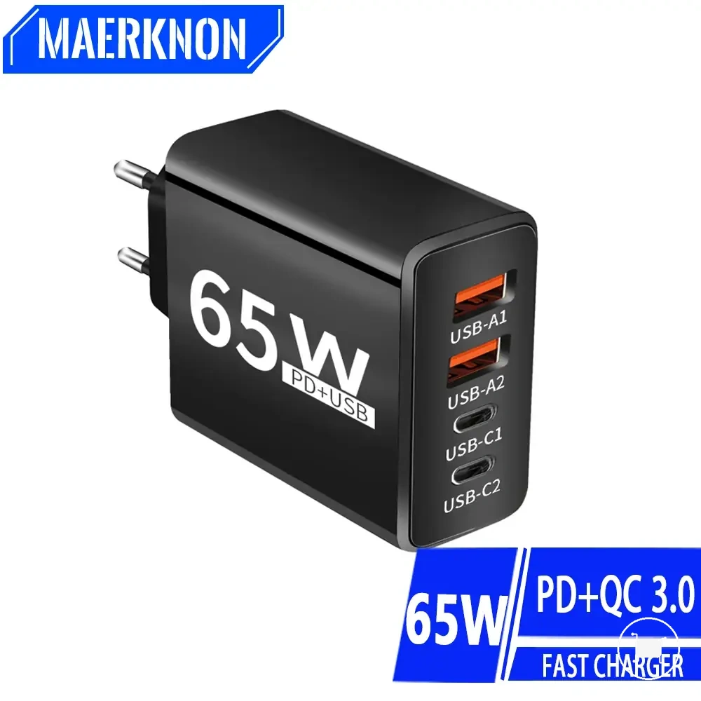 شاحن جداري USB-C 65W بأربعة منافذ مع QC3.0 وخيار فيش EU أو US.