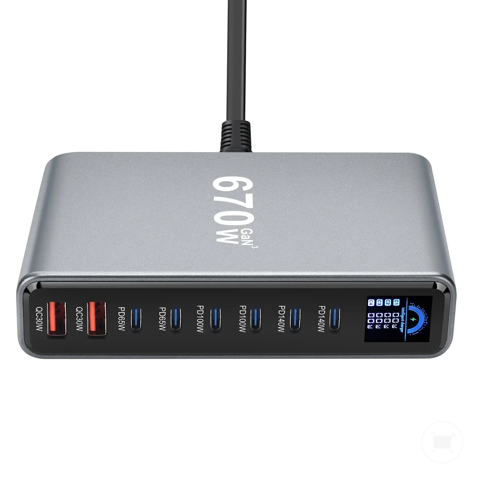 محطة شحن مكتبية GaN 670W بثمانية منافذ للهواتف والأجهزة اللوحية.
