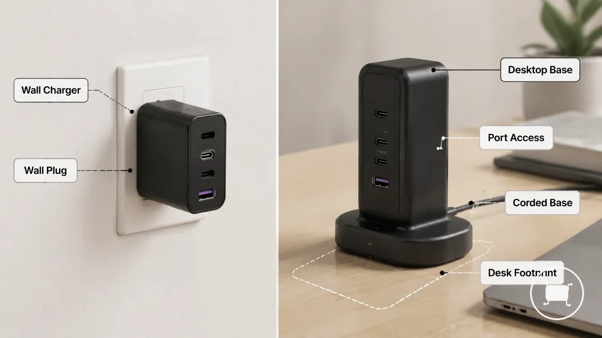 عوامل شكل شواحن USB-C الجدارية والمكتبية تُظهر تنسيب المأخذ والمكتب