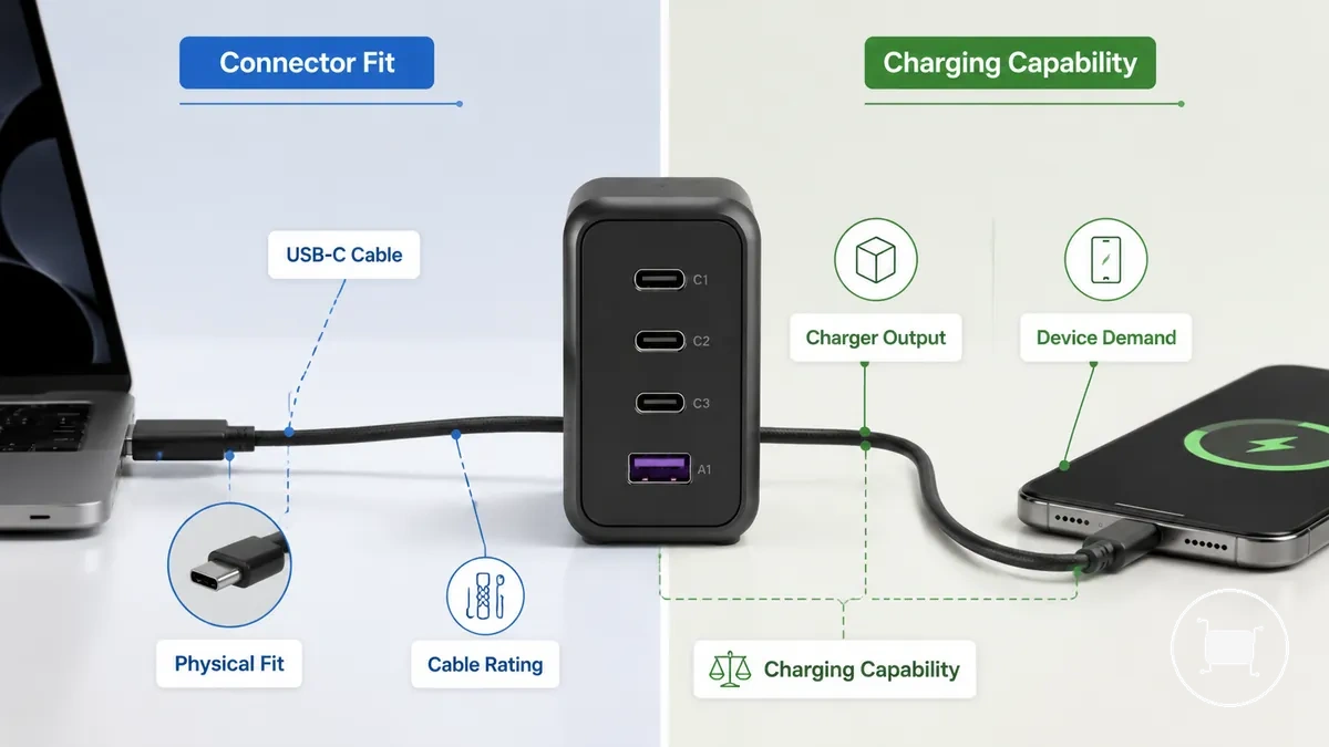 رسم توضيحي لتوافق كابل USB-C يوضح ملاءمة الموصل، قدرة الكابل، خرج الشاحن، وطلب الجهاز