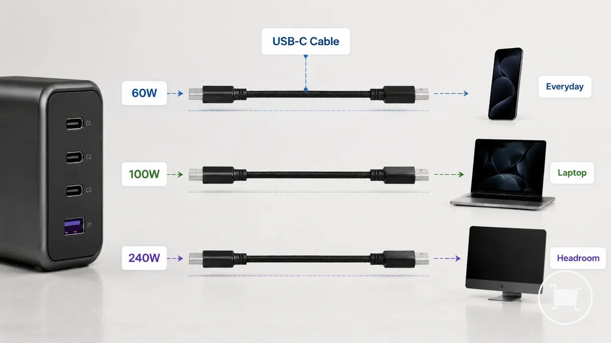 نطاقات شحن كابل USB-C تظهر اختلافات تصنيفات 60 واط و100 واط و240 واط