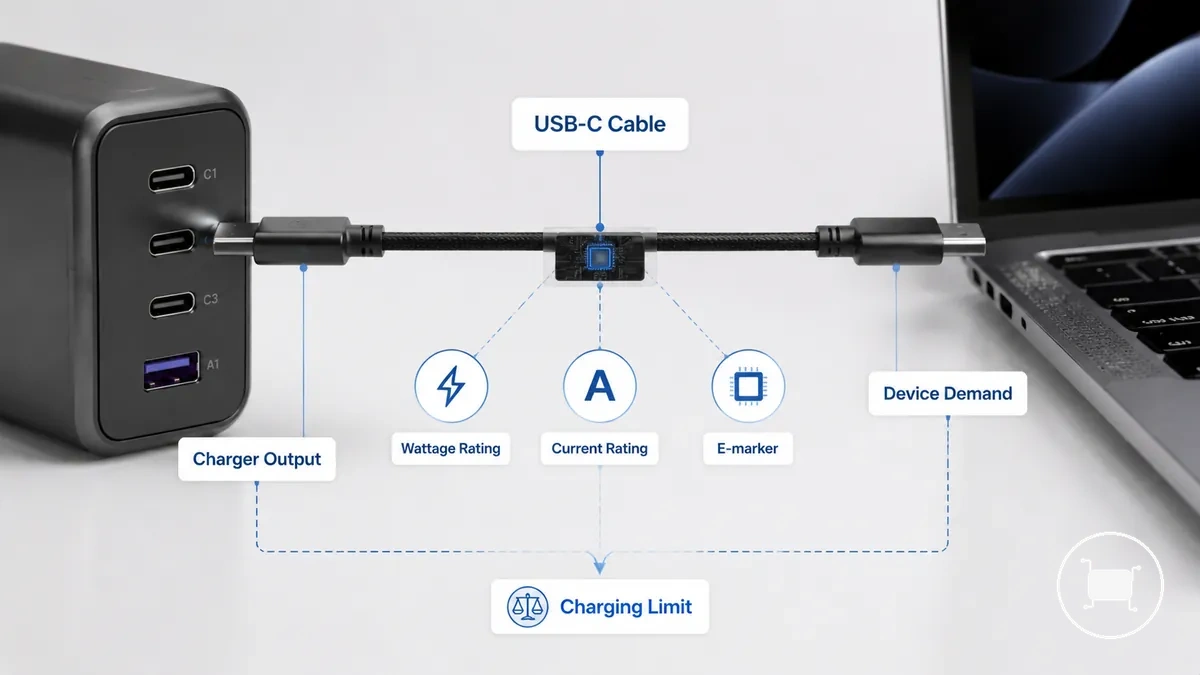رسم توضيحي لتصنيف واط كابل USB-C وعلامة E-marker يوضح كيف تؤثر قدرة الكابل على خرج الشحن