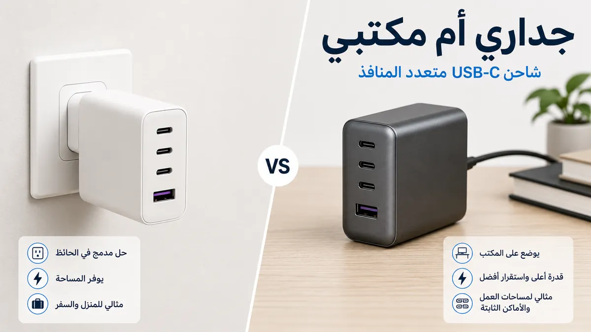 شواحن USB-C متعددة المنافذ من النوع الجداري والمكتبي معروضة جنبًا إلى جنب.