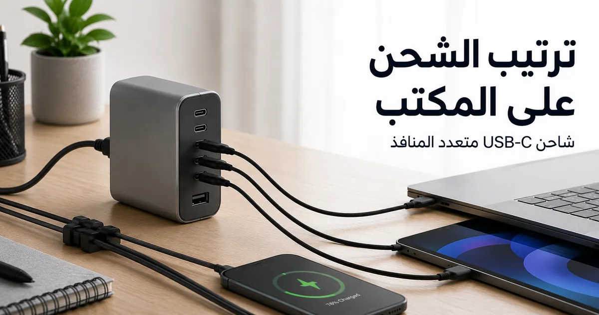 مكتب يستخدم شاحن USB-C متعدد المنافذ مع كابلات مرتبة.