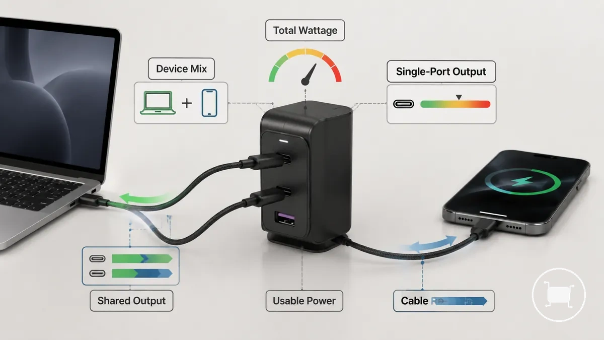 Diagramm eines Ladegeräts mit mehreren Anschlüssen, das den Strombedarf von Laptop und Telefon der nutzbaren Ausgangsleistung gegenüberstellt