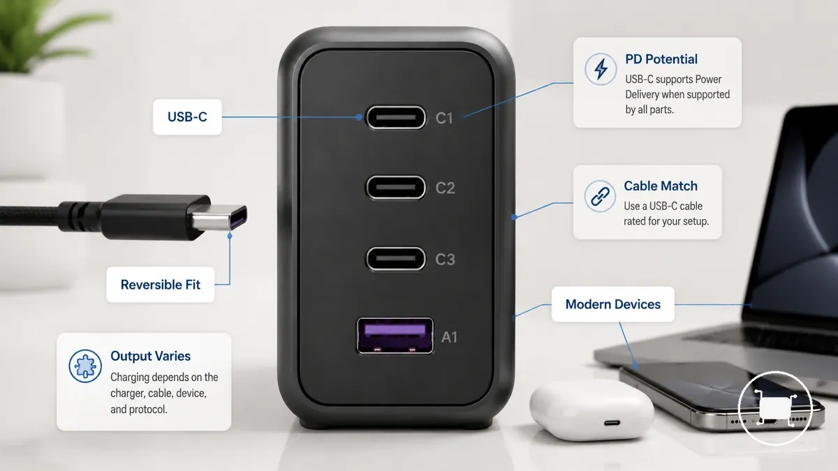 USB-C-Port als primärer moderner Anschluss an einem Ladegerät mit mehreren Ports