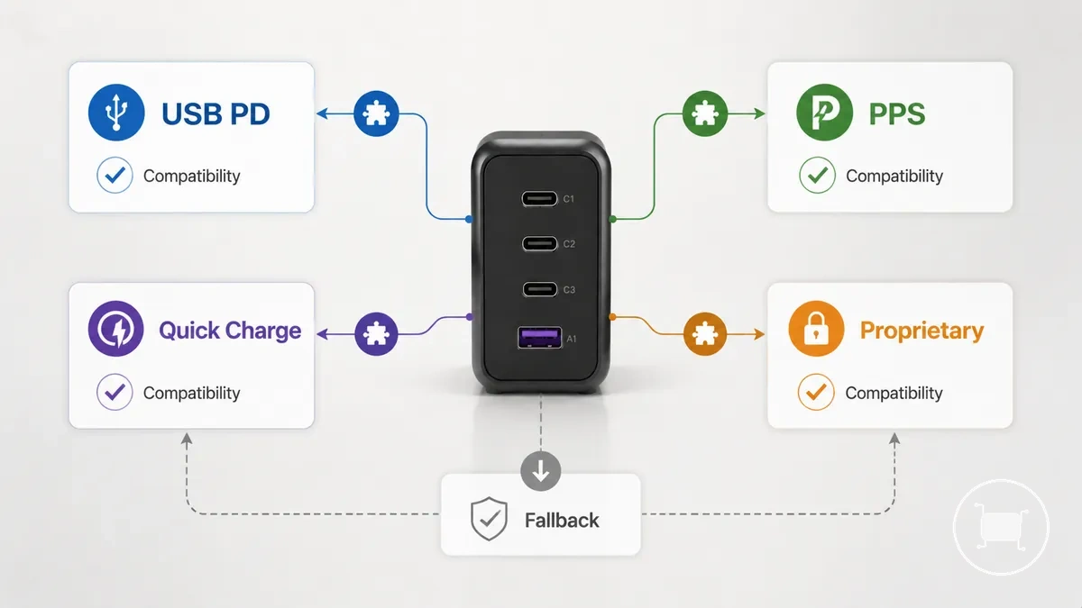 Übersicht über gängige USB-C-Protokollfamilien für Schnellladen und ihre Kompatibilitätsrollen