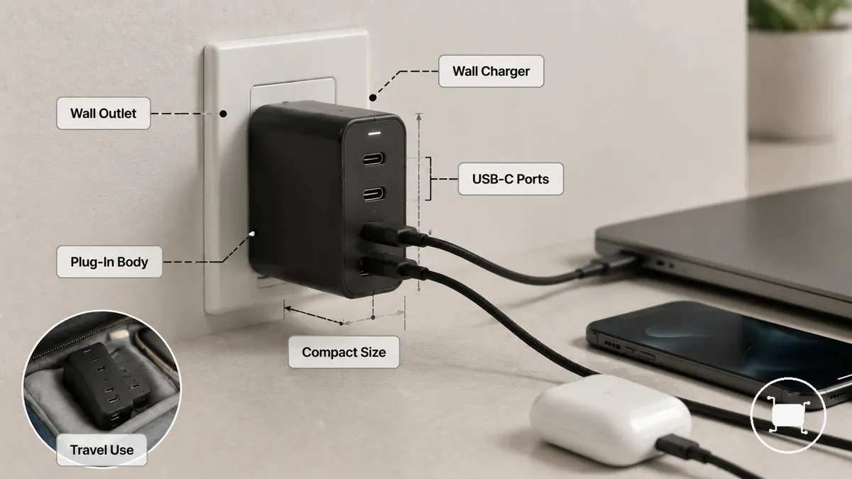 Wand-Multiport-USB-C-Ladegerät mit Steckgehäuse und sichtbaren USB-C-Anschlüssen