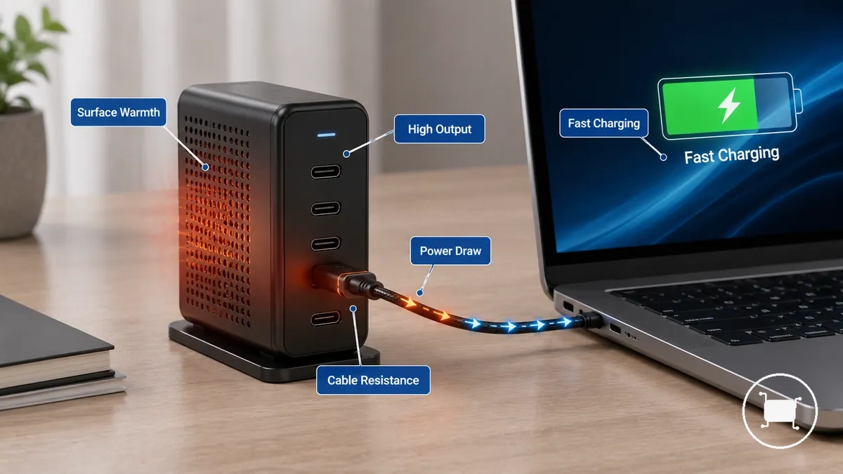 USB-C-Ladegerät mit mehreren Ports, warm bei Schnellladung mit hoher Ausgangslast