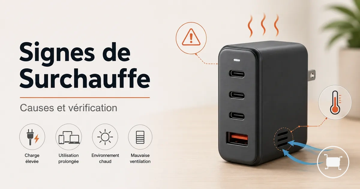 Multiport USB-C charger with fast-charging protocol labels and connected devices.