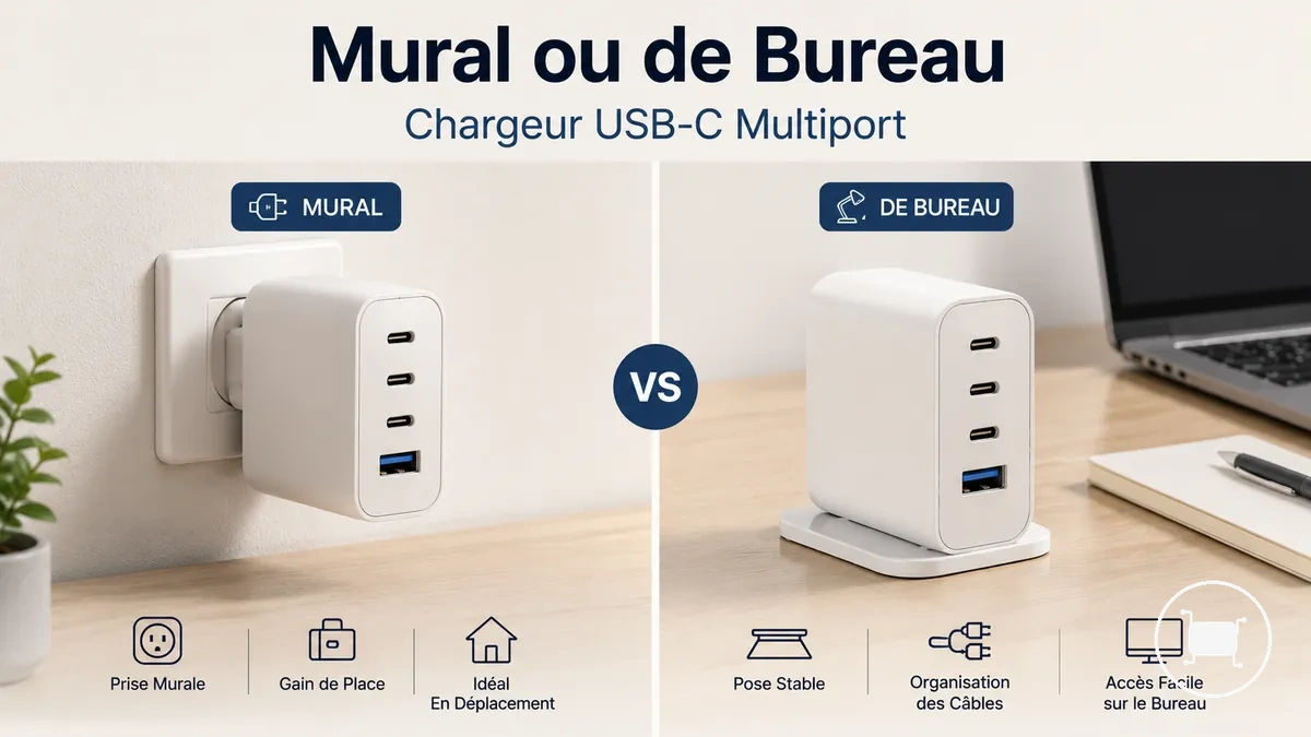 Desk setup using a multiport USB-C charger with organised cables.
