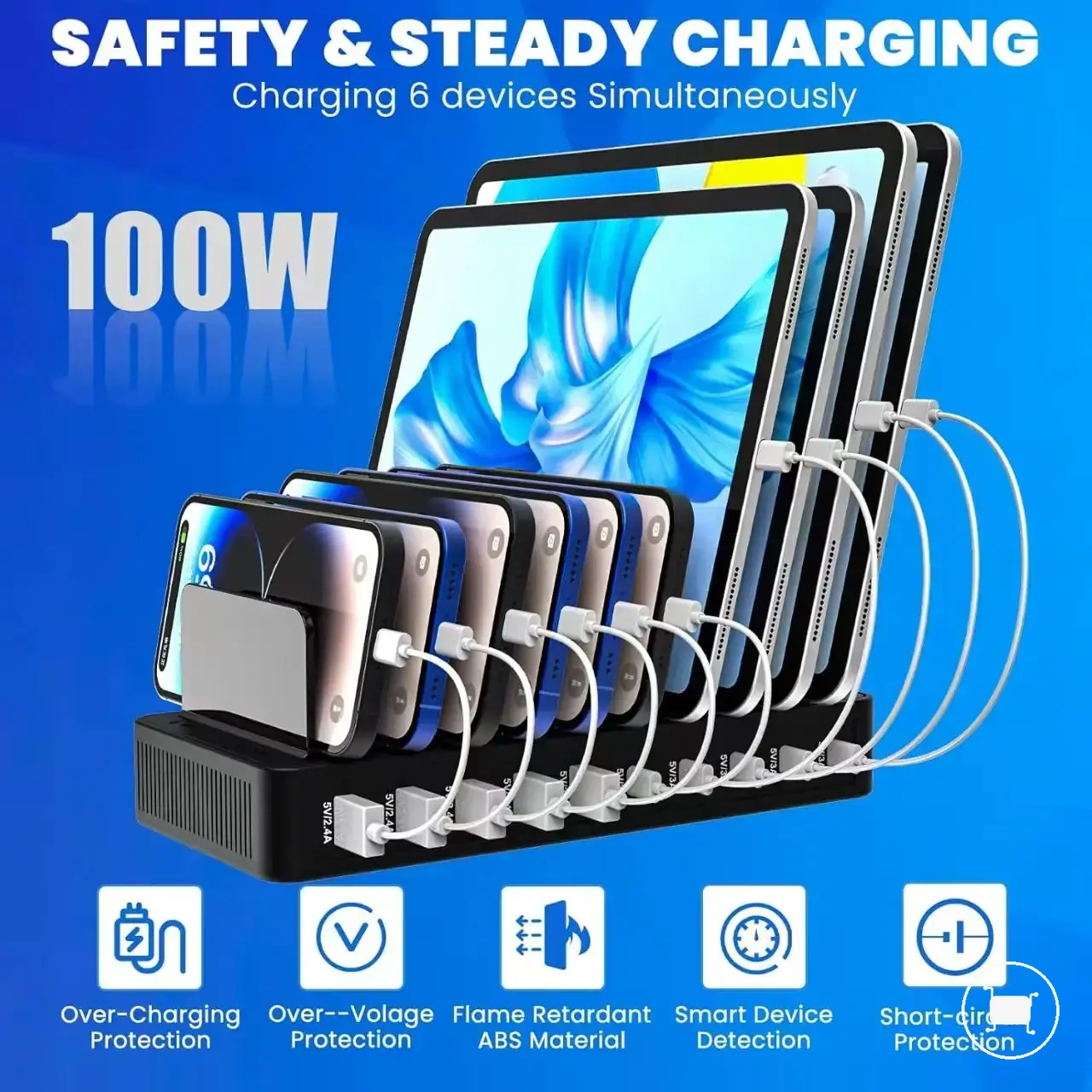 100W charger stand with 5 USB and 5 Type-C ports for multiple devices.