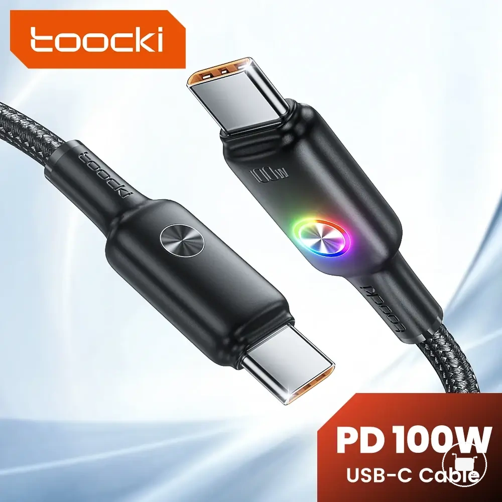 100W USB-C to USB-C cable with LED indicator for laptop and phone charging.
