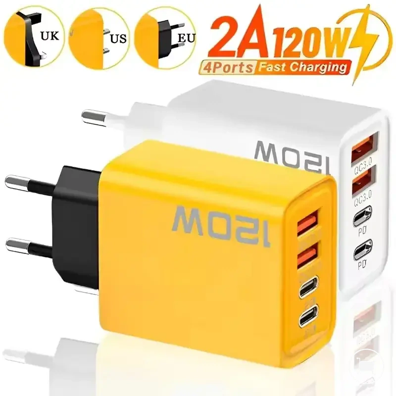 120W 4-port USB-C travel wall charger for phone charging.