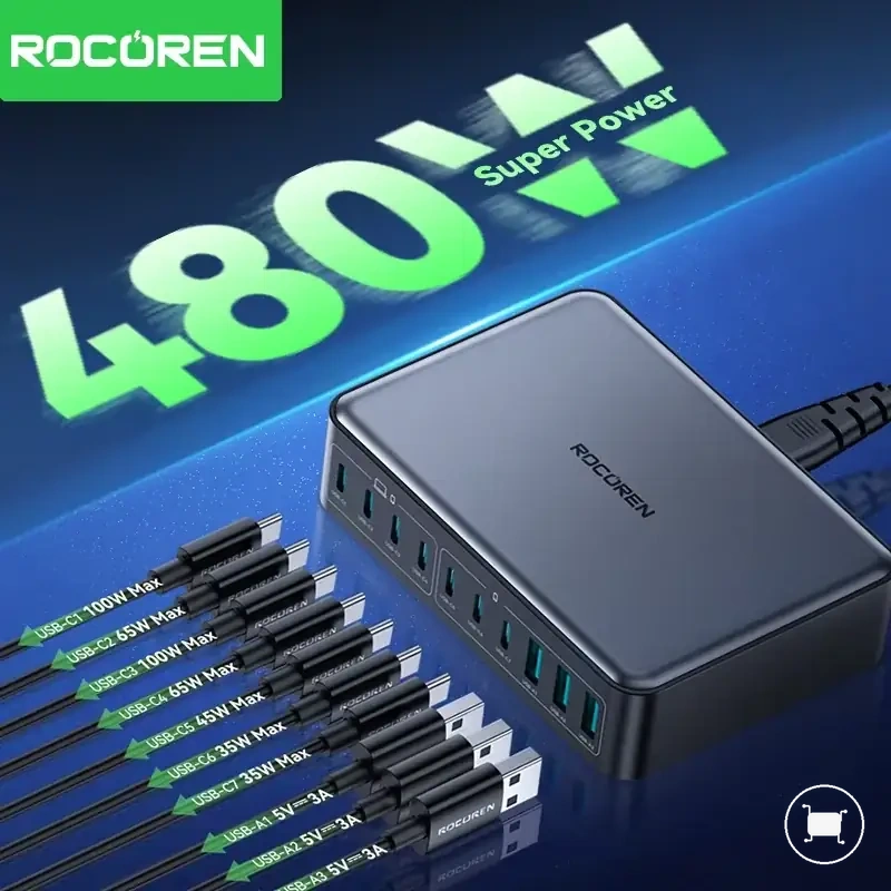 480W 10-port USB-C charging station for multiple desktop devices.