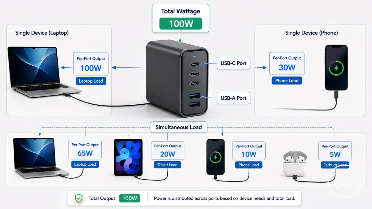 Multiport USB-C charger wattage diagram showing total output and per-port output with laptop and phone connected