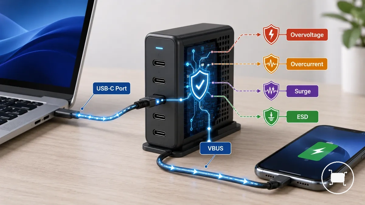 Annotated diagram of electrical protection against unsafe voltage and current in a USB-C charger