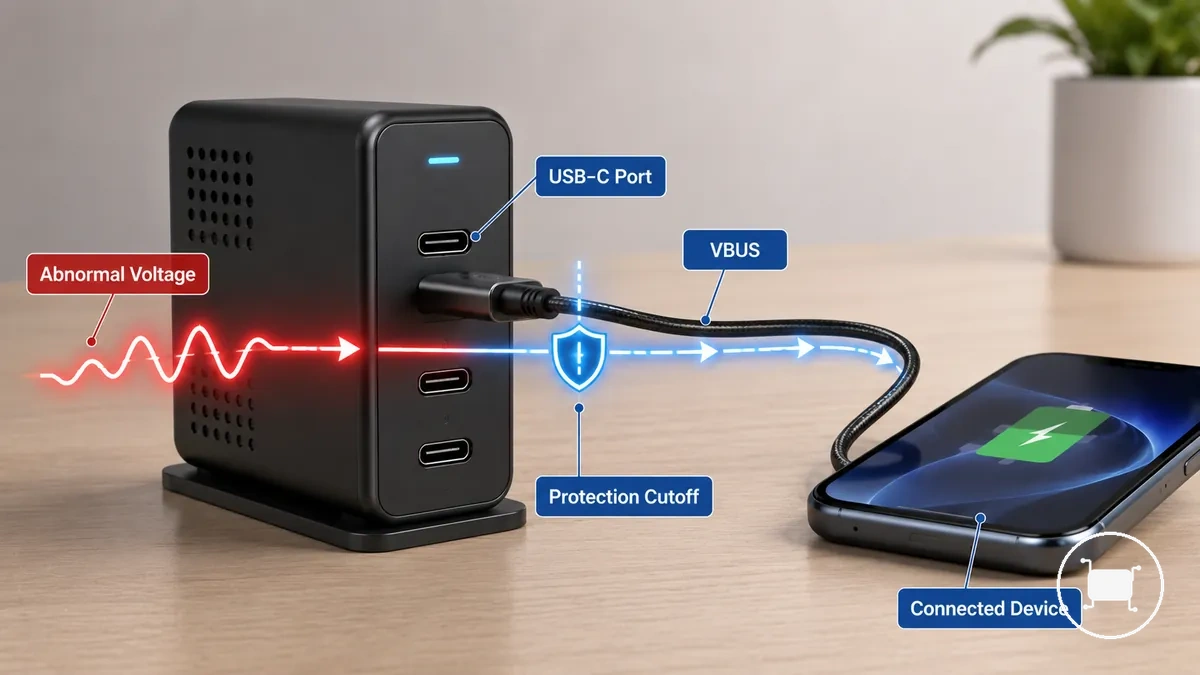 Annotated example of overvoltage protection at a USB-C charger port