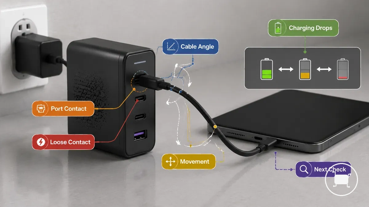 USB-C cable and port showing intermittent charging and connection changes