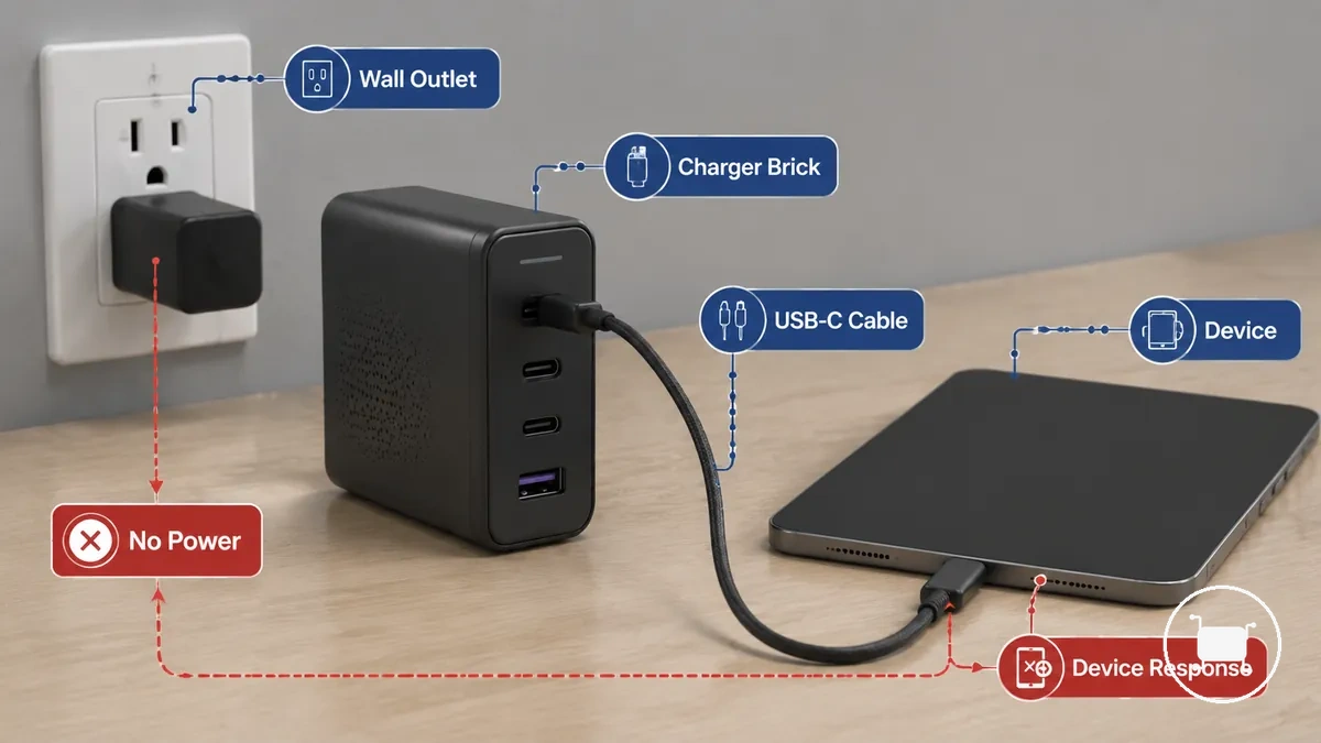 USB-C charger connected to an outlet and device showing no charging response