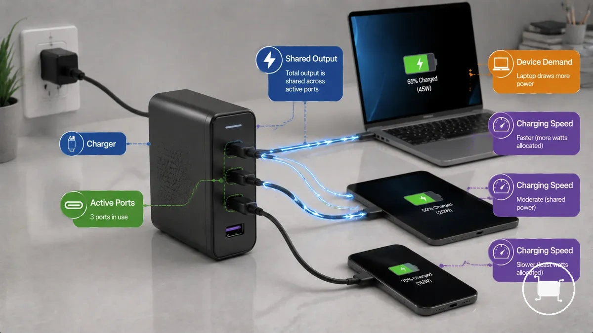 Diagram showing power sharing between active ports on a multiport USB-C charger