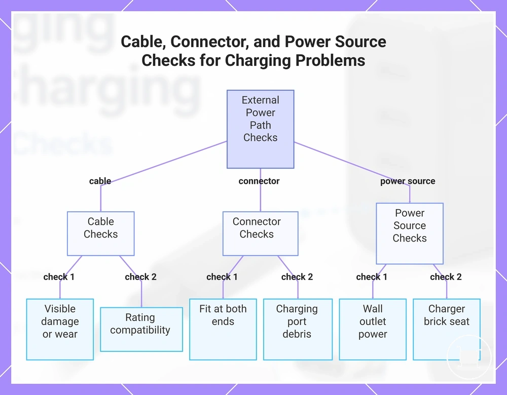 Cable, Connector, and Power Source Checks for Charging Problems