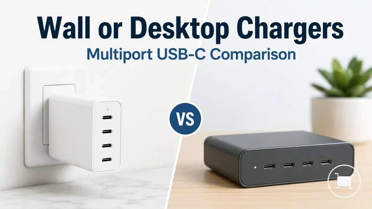 Wall and desktop multiport USB-C chargers shown side by side.