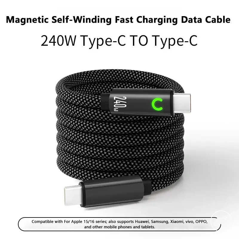 Cable magnético Type-C doble 240W de carga rápida con recogida automática.