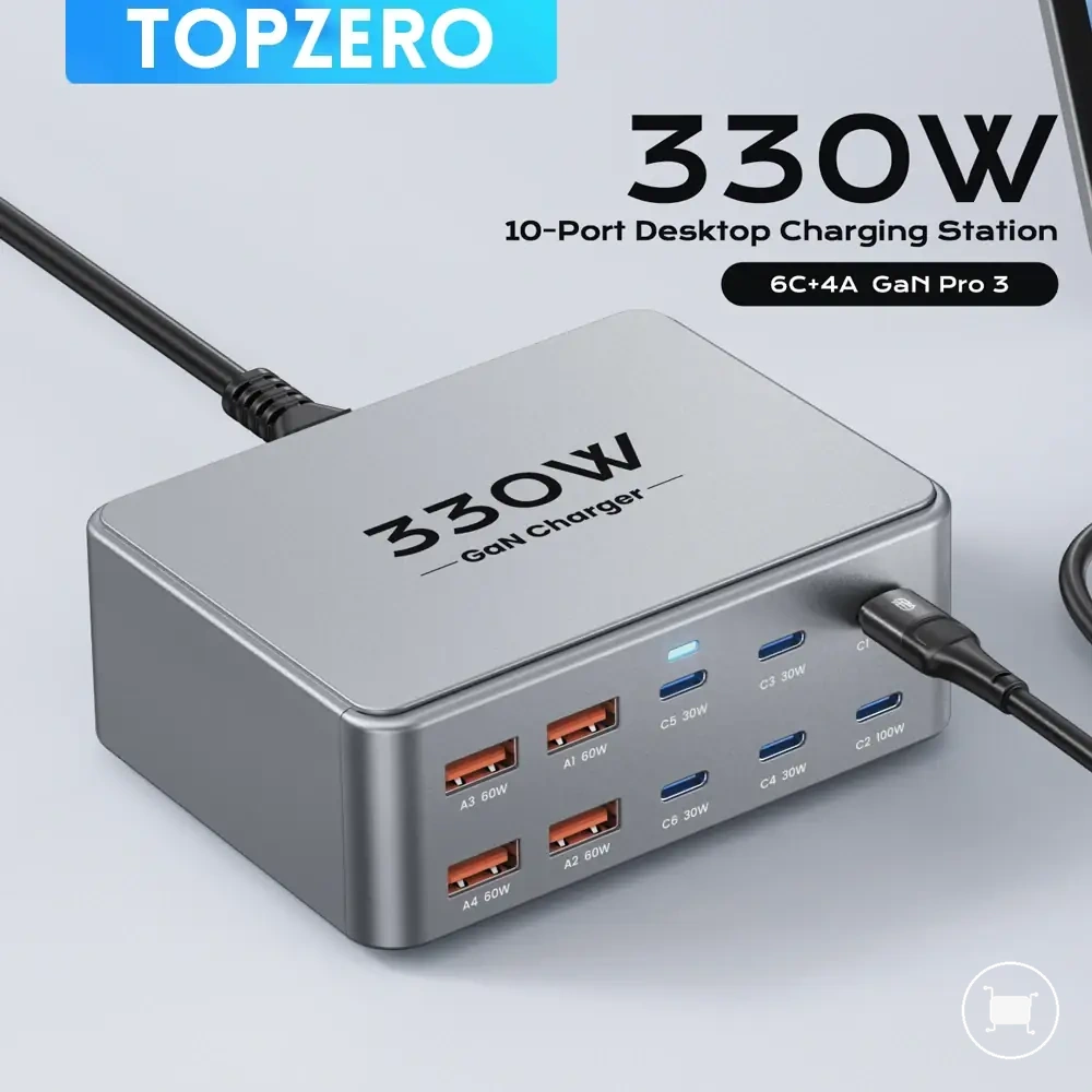 Cargador GaN de sobremesa 330W con 10 puertos y compatibilidad PD3.0, PPS y QC3.0.