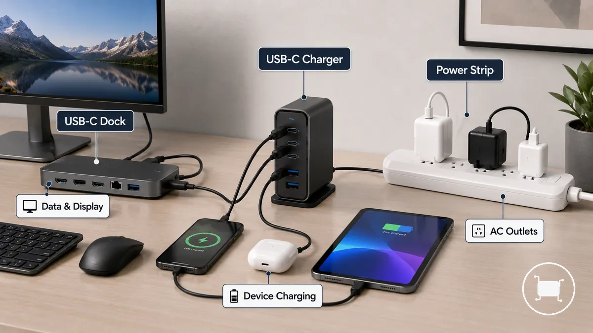Comparación de un cargador USB-C multipuerto, un dock USB-C y una regleta en un escritorio