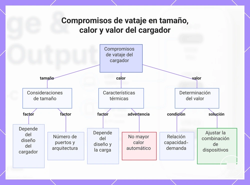 Compromisos de vataje en tamaño, calor y valor del cargador