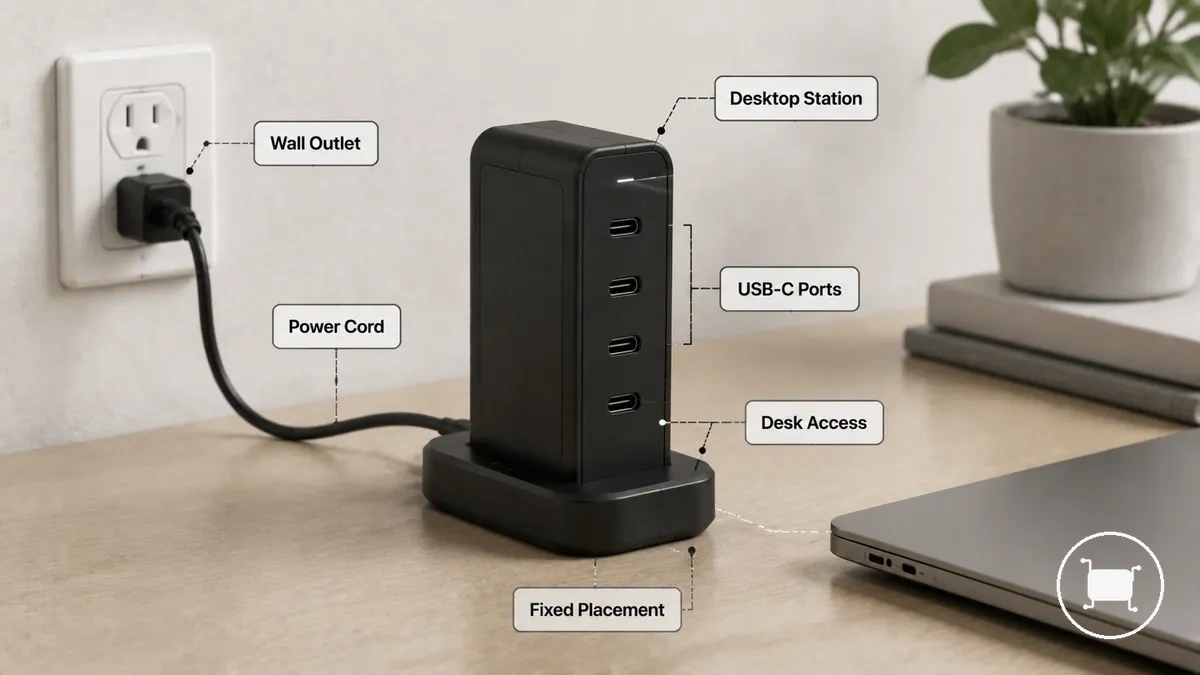 Estación de carga USB-C de sobremesa que muestra la colocación con cable sobre un escritorio y los puertos USB-C visibles