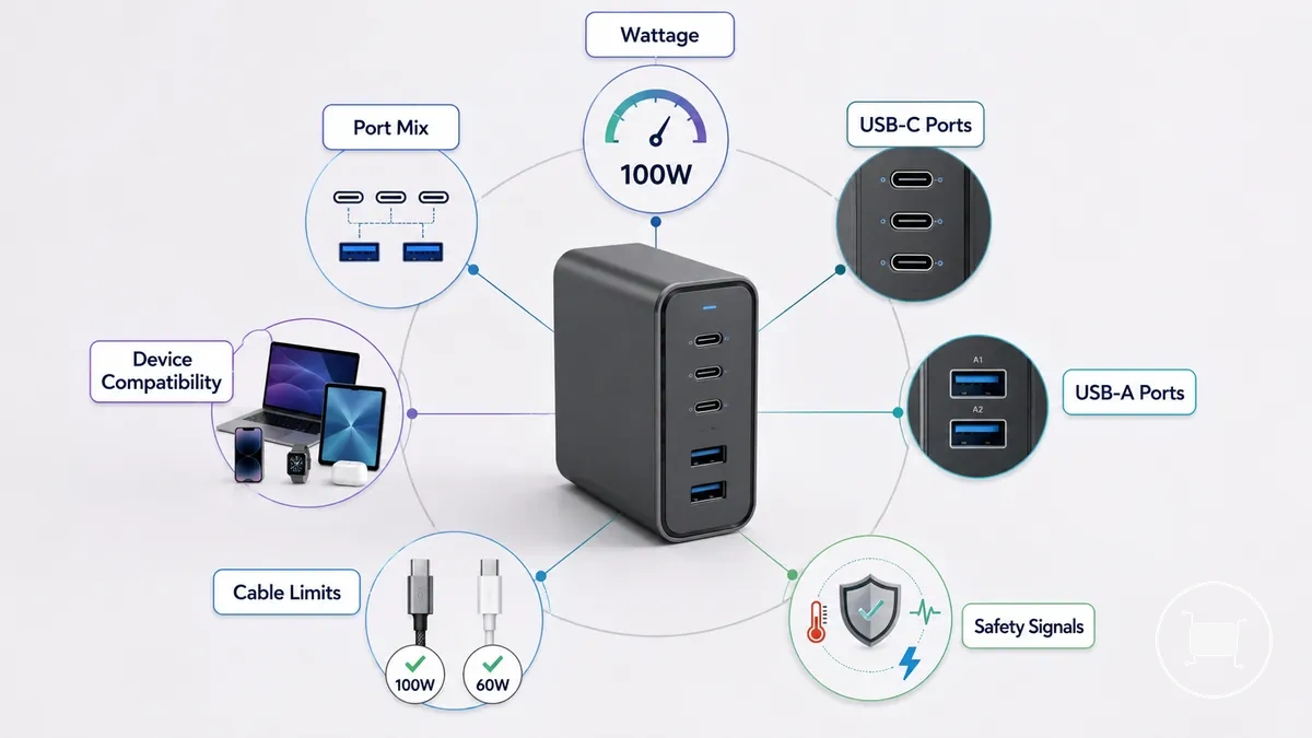 Diagrama de factores de compra de un cargador USB-C multipuerto que muestra puertos, potencia, compatibilidad y señales de seguridad