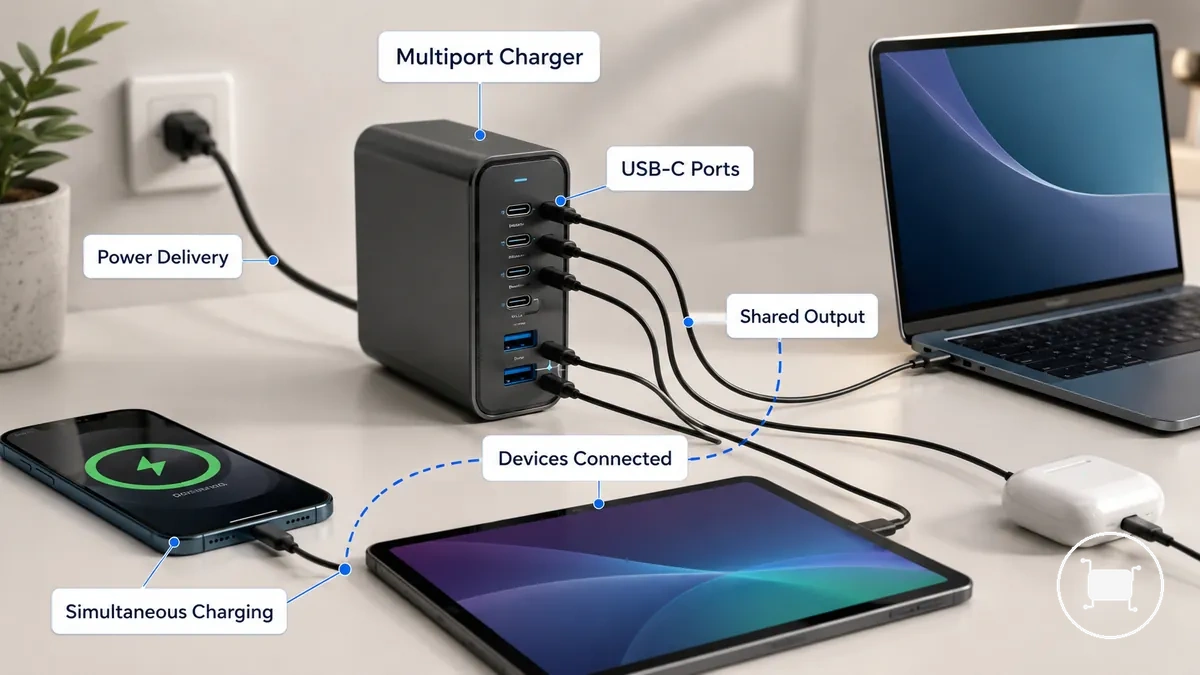 Cargador USB-C multipuerto con puertos de salida USB-C y USB-A etiquetados conectados a varios dispositivos