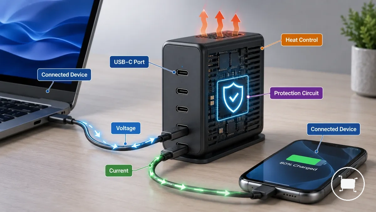 Diagrama que muestra cómo las funciones de seguridad protegen un cargador USB-C multipuerto y los dispositivos conectados