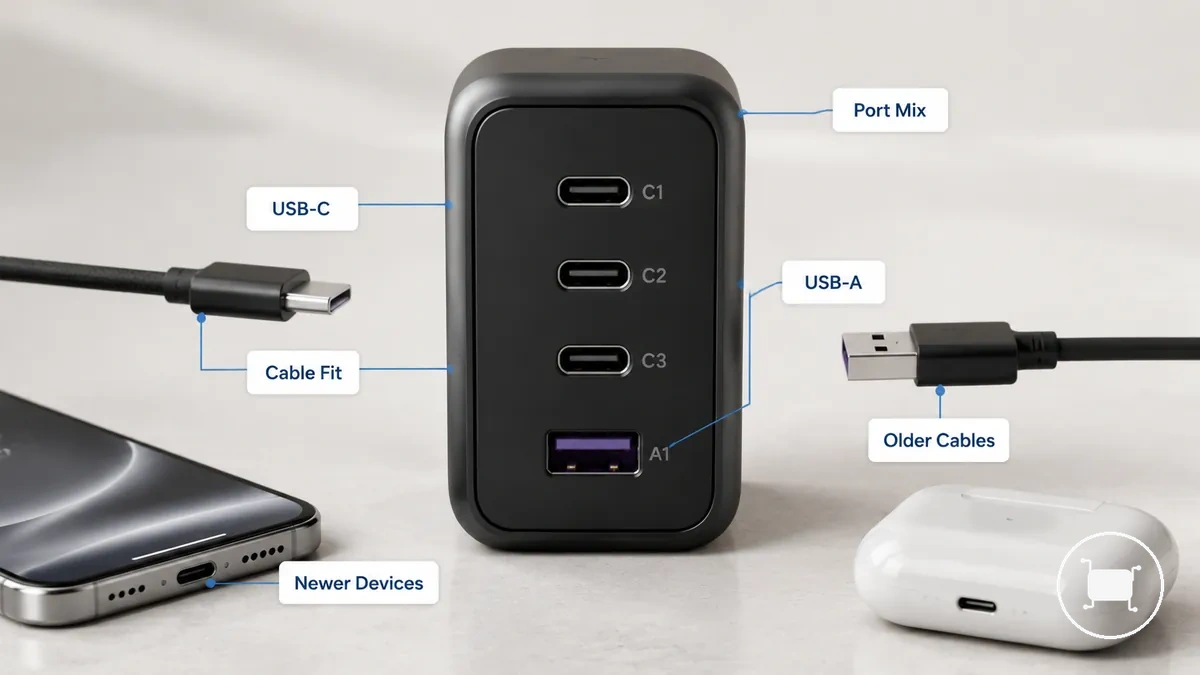 Puertos USB-C y USB-A combinados en un cargador multipuerto