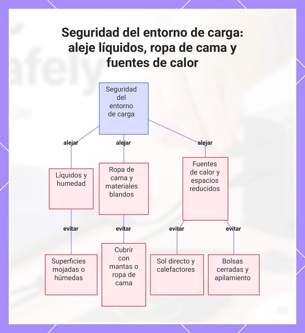 Seguridad del entorno de carga: aleje líquidos, ropa de cama y fuentes de calor