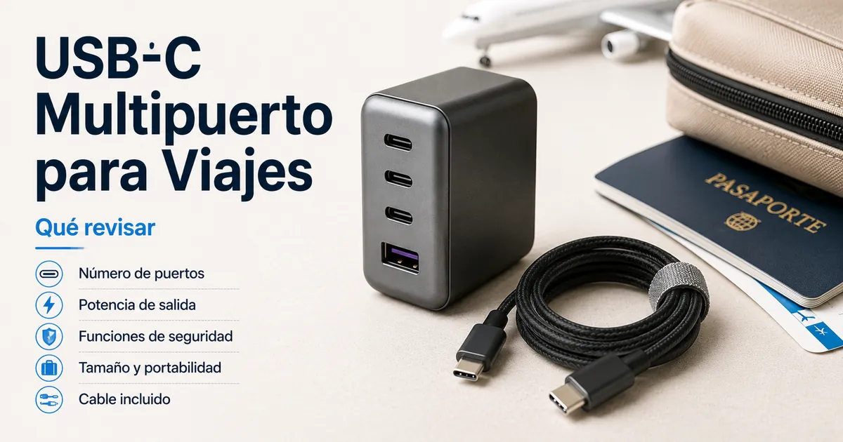 Cargador USB-C multipuerto compacto preparado para cargar dispositivos fuera de casa.