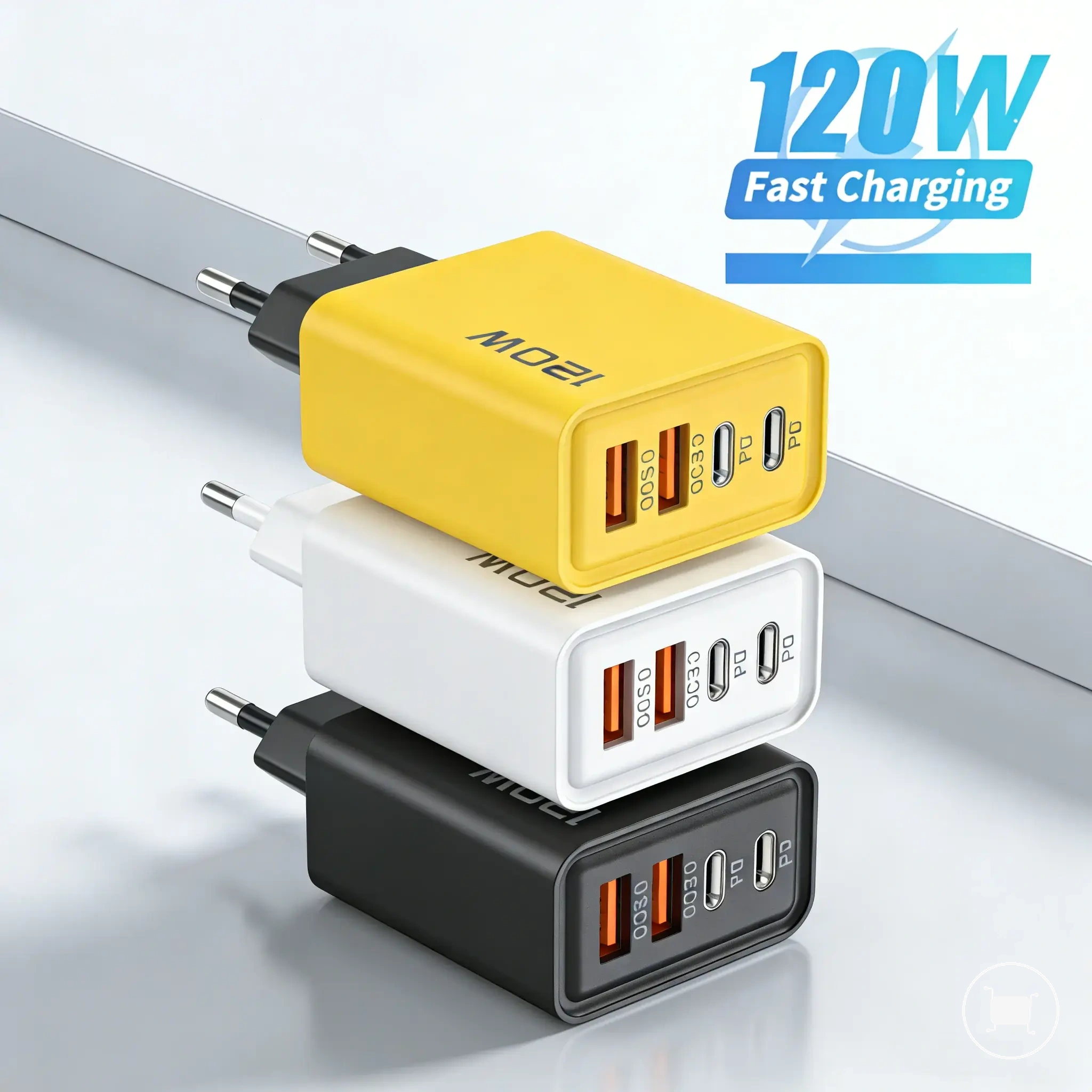Chargeur USB-C de voyage 120W à 4 ports avec options de prises EU, US et UK.