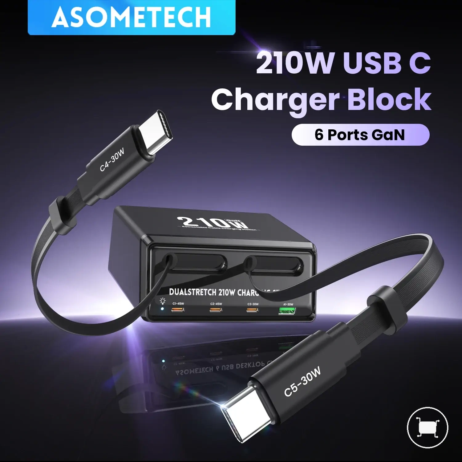 Station de charge GaN 210W avec câble Type-C rétractable et prise en charge PD3.0.