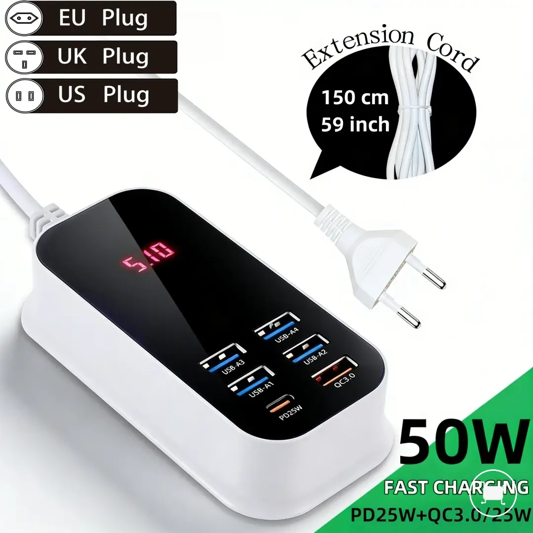 Chargeur USB-C 50W à 6 ports avec PD, QC3.0 et rallonge.