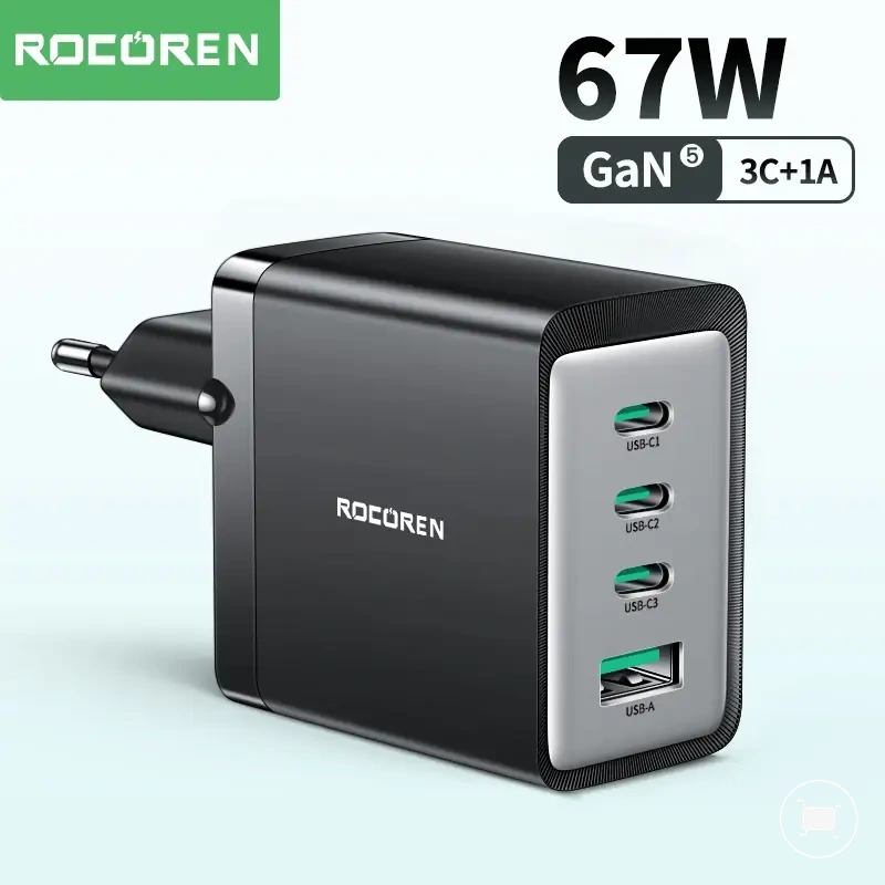 Chargeur USB-C GaN multiport 67W pour ordinateur portable et téléphone.