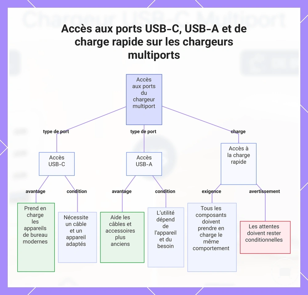 Accès aux ports USB-C, USB-A et de charge rapide sur les chargeurs multiports