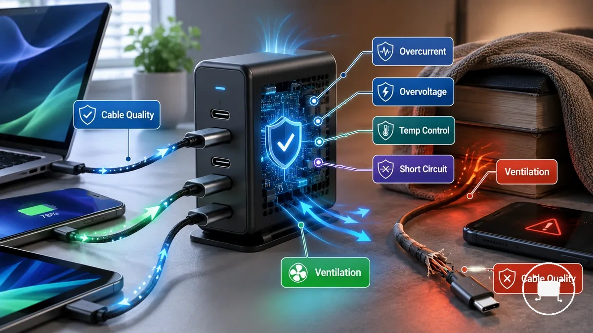 Chargeur USB-C multiport fonctionnant avec des protections intégrées et des conditions de charge appropriées