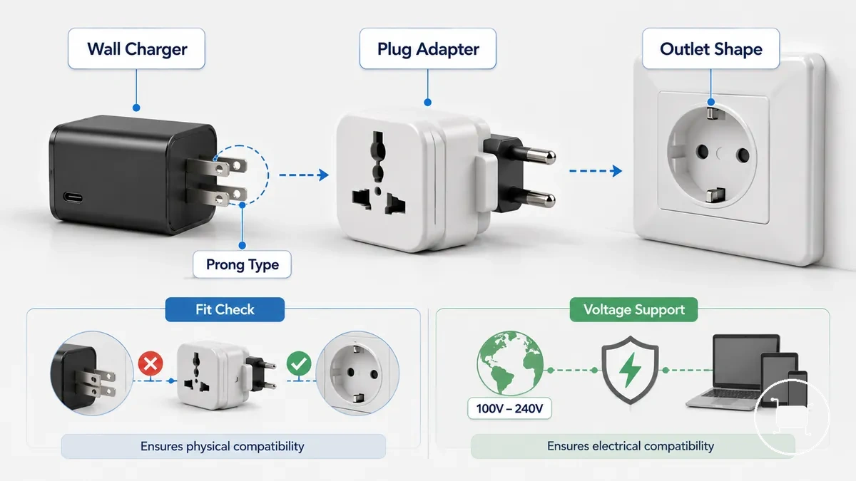 Défaut de correspondance des broches du chargeur mural USB-C avec la prise de destination nécessitant un adaptateur de prise