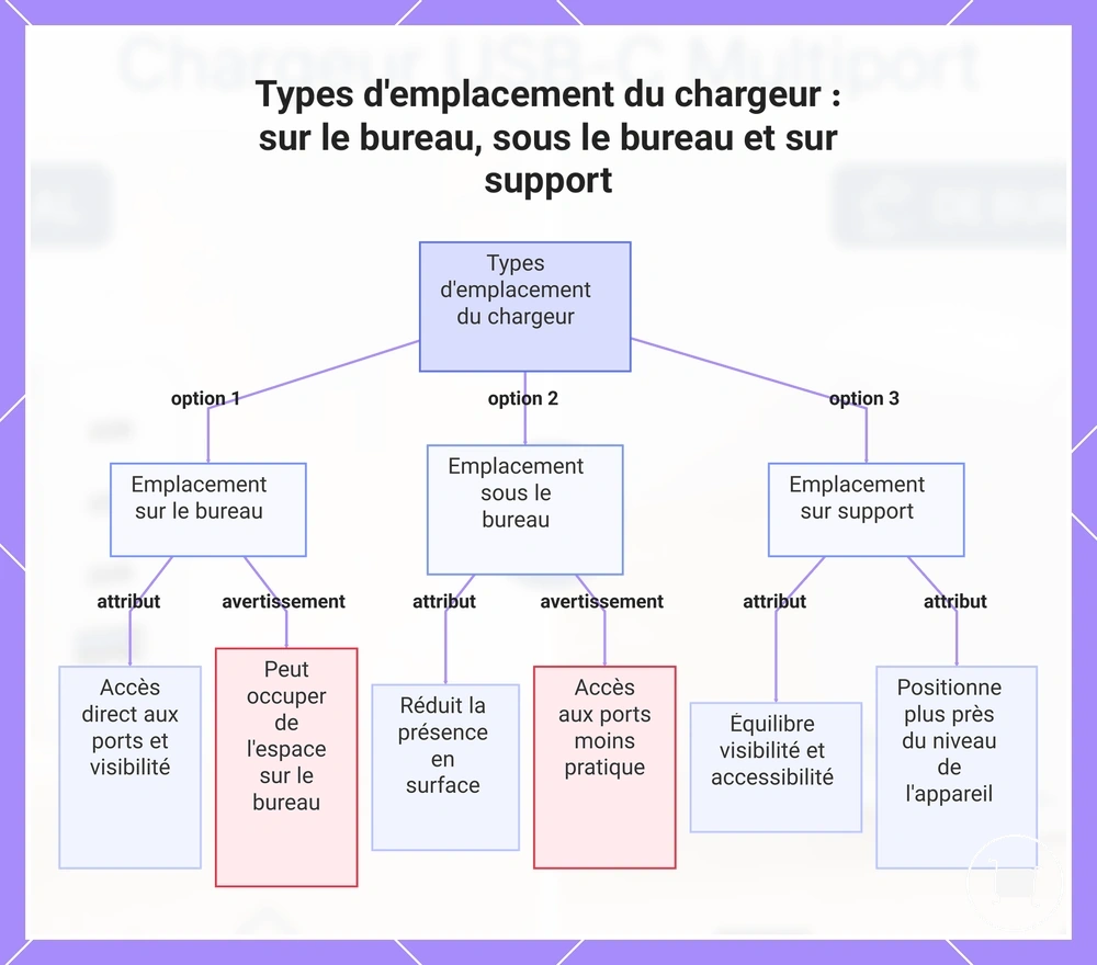 Types d'emplacement du chargeur : sur le bureau, sous le bureau et sur support