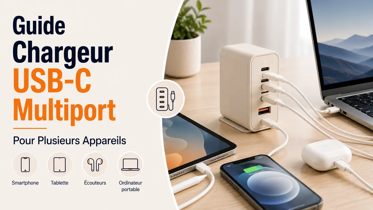 Chargeur USB-C multiport avec plusieurs appareils branchés pour la charge quotidienne.